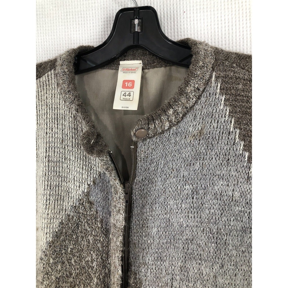St Michael Vintage Women Cardigan Sweater 16 Gray Brown Wool Full Zip Knit Lined - Picture 4 of 11